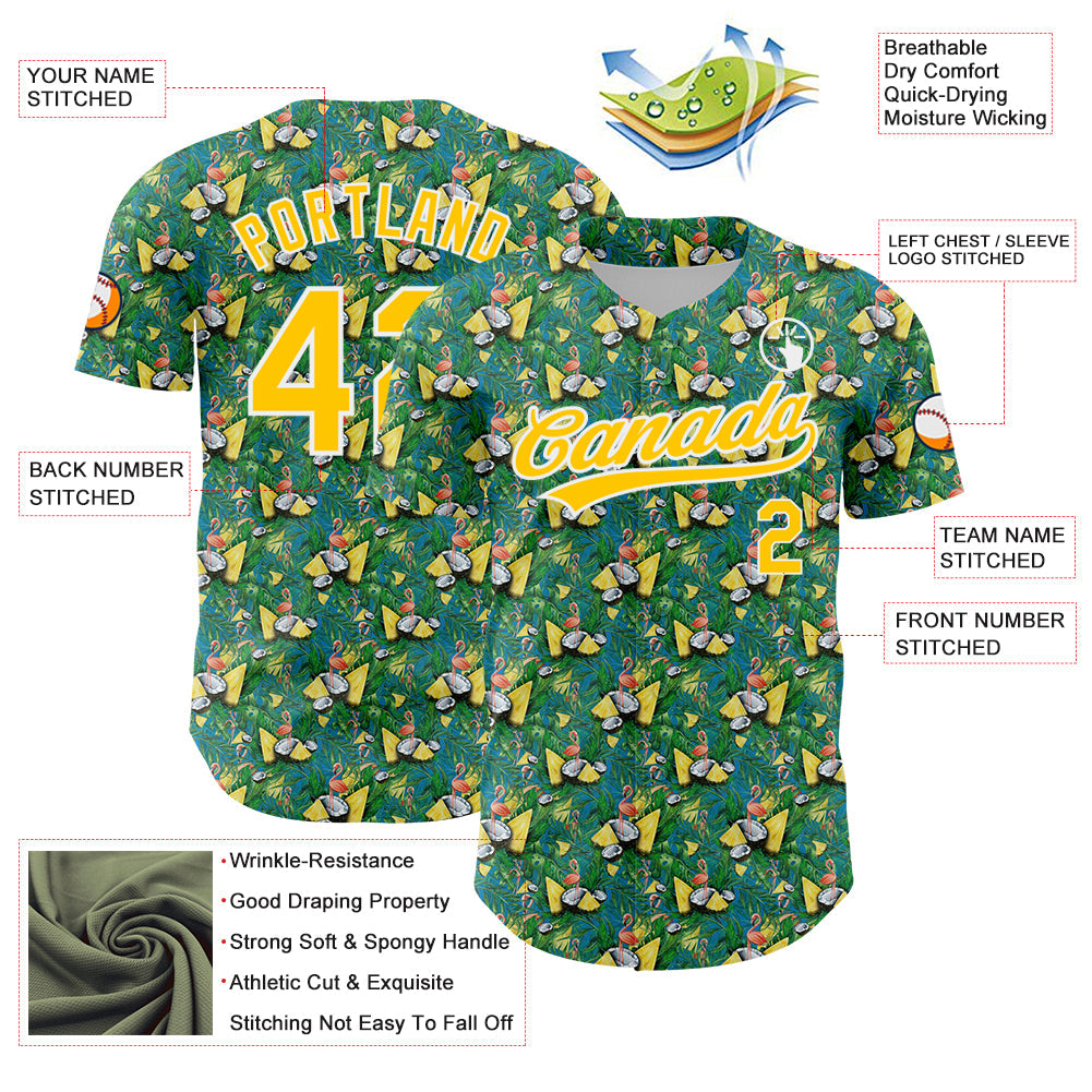 Custom Green White-Yellow 3D Pattern Design Animal Flamingo And Hawaii Palm Leaves Authentic Baseball Jersey - Sky-Custom