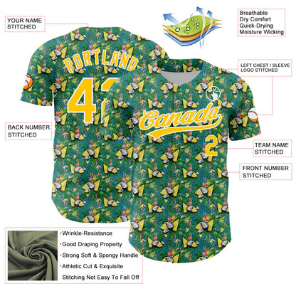 Custom Green White-Yellow 3D Pattern Design Animal Flamingo And Hawaii Palm Leaves Authentic Baseball Jersey - Sky-Custom