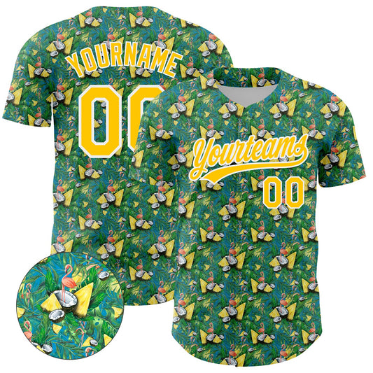 Custom Green White-Yellow 3D Pattern Design Animal Flamingo And Hawaii Palm Leaves Authentic Baseball Jersey - Sky-Custom