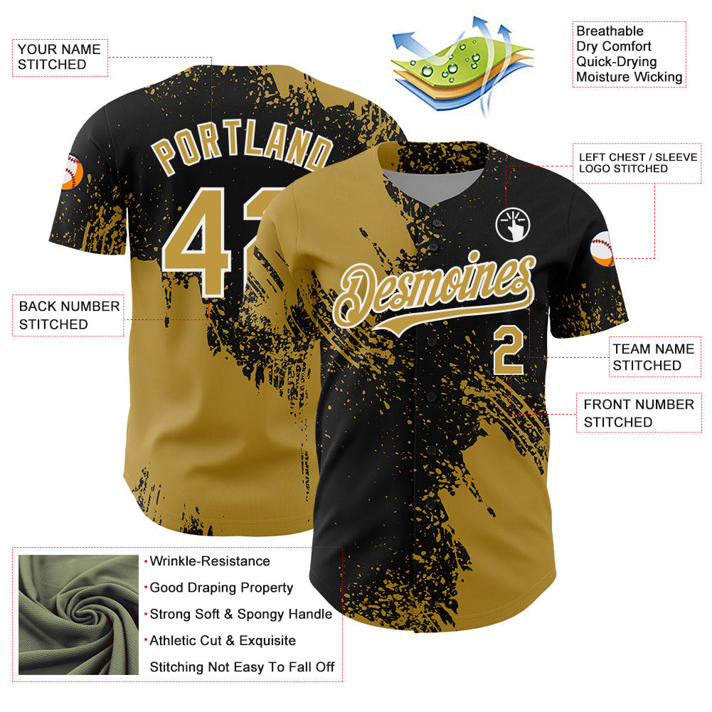 Custom Old Gold Black-White 3D Pattern Design Abstract Brush Stroke Authentic Baseball Jersey - Sky-Custom