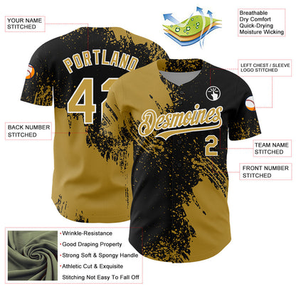 Custom Old Gold Black-White 3D Pattern Design Abstract Brush Stroke Authentic Baseball Jersey - Sky-Custom