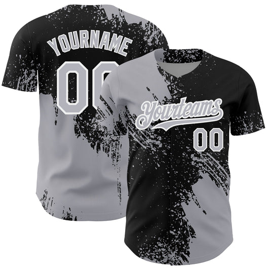 Custom Gray Black-White 3D Pattern Design Abstract Brush Stroke Authentic Baseball Jersey - Sky-Custom