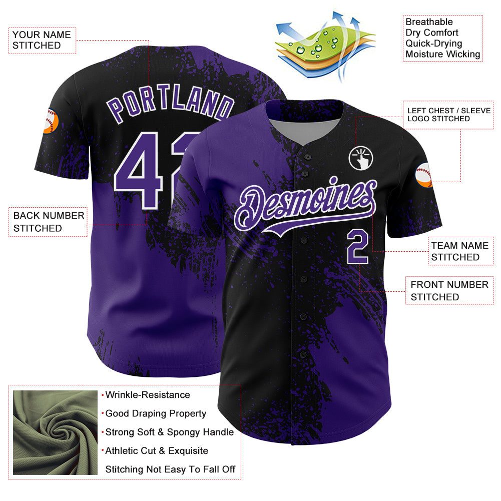 Custom Purple Black-White 3D Pattern Design Abstract Brush Stroke Authentic Baseball Jersey - Sky-Custom