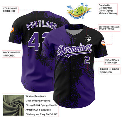 Custom Purple Black-White 3D Pattern Design Abstract Brush Stroke Authentic Baseball Jersey - Sky-Custom