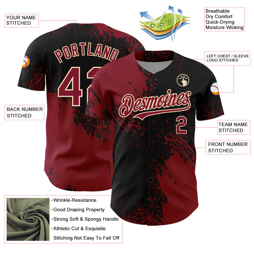 Custom Crimson Black-Cream 3D Pattern Design Abstract Brush Stroke Authentic Baseball Jersey - Sky-Custom