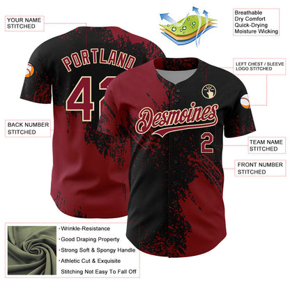 Custom Crimson Black-Cream 3D Pattern Design Abstract Brush Stroke Authentic Baseball Jersey - Sky-Custom