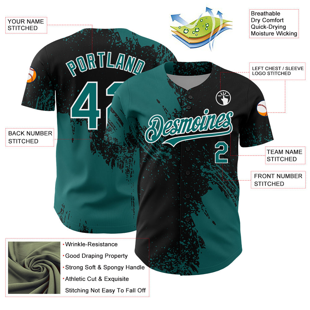 Custom Teal Black-White 3D Pattern Design Abstract Brush Stroke Authentic Baseball Jersey - Sky-Custom
