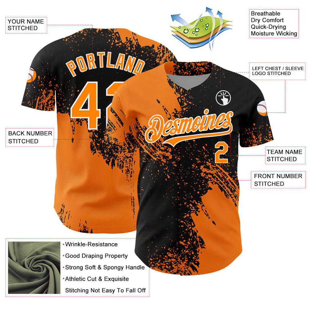 Custom Bay Orange Black-White 3D Pattern Design Abstract Brush Stroke Authentic Baseball Jersey - Sky-Custom