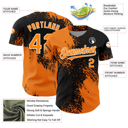 Custom Bay Orange Black-White 3D Pattern Design Abstract Brush Stroke Authentic Baseball Jersey - Sky-Custom