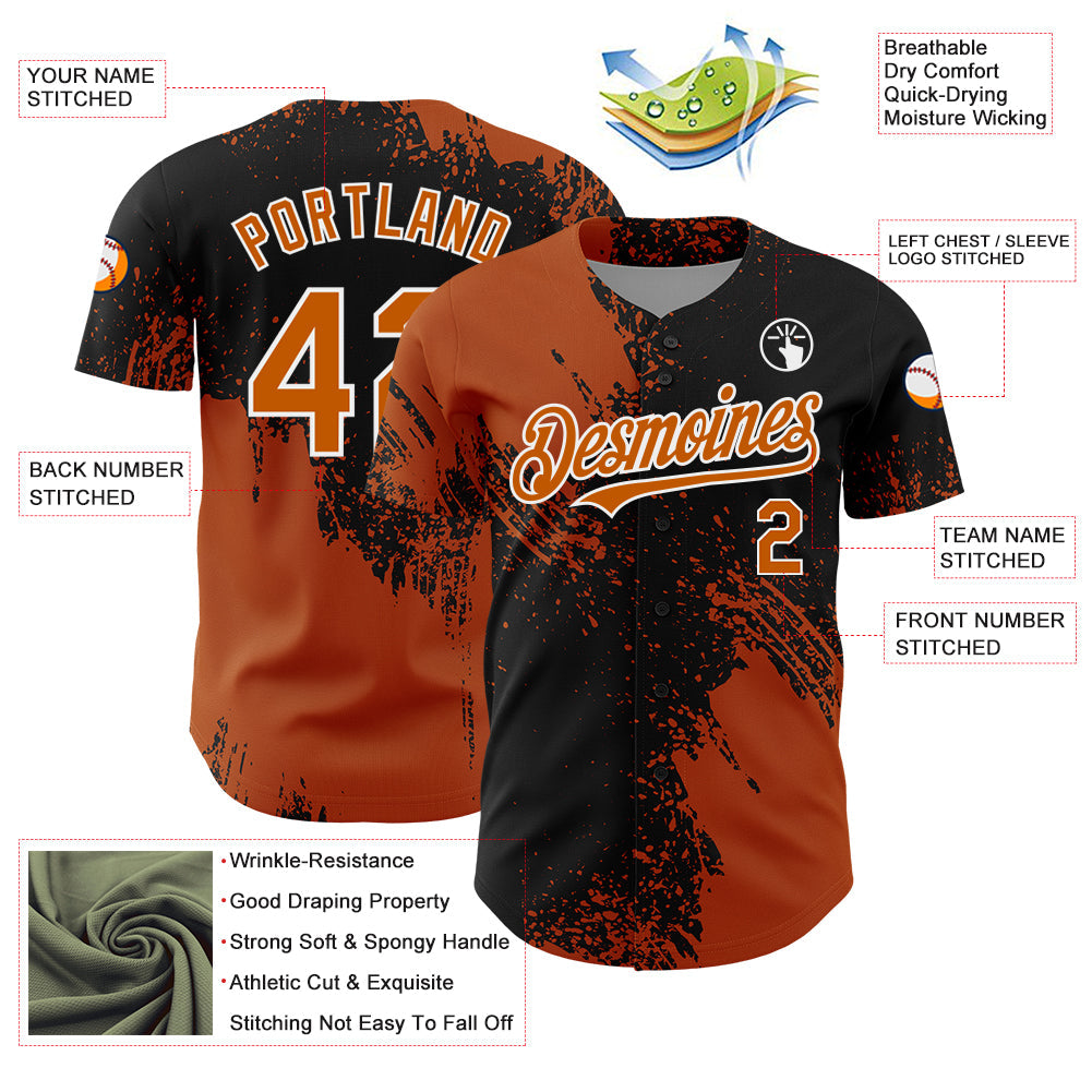 Custom Texas Orange Black-White 3D Pattern Design Abstract Brush Stroke Authentic Baseball Jersey - Sky-Custom