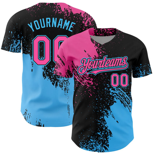 Custom Pink Black-Sky Blue 3D Pattern Design Abstract Brush Stroke Authentic Baseball Jersey - Sky-Custom