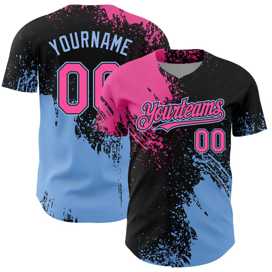 Custom Pink Black-Light Blue 3D Pattern Design Abstract Brush Stroke Authentic Baseball Jersey - Sky-Custom