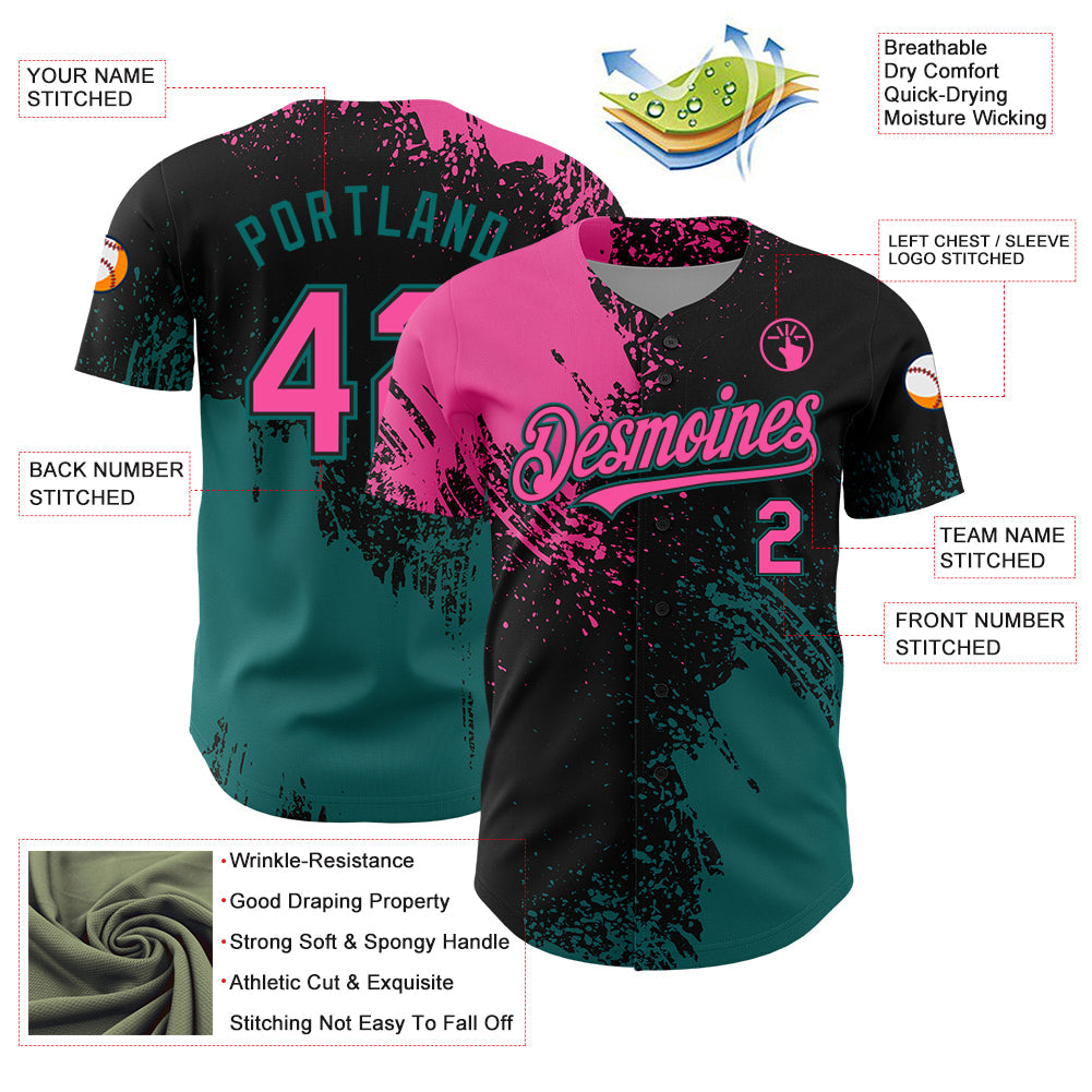 Custom Pink Black-Teal 3D Pattern Design Abstract Brush Stroke Authentic Baseball Jersey - Sky-Custom