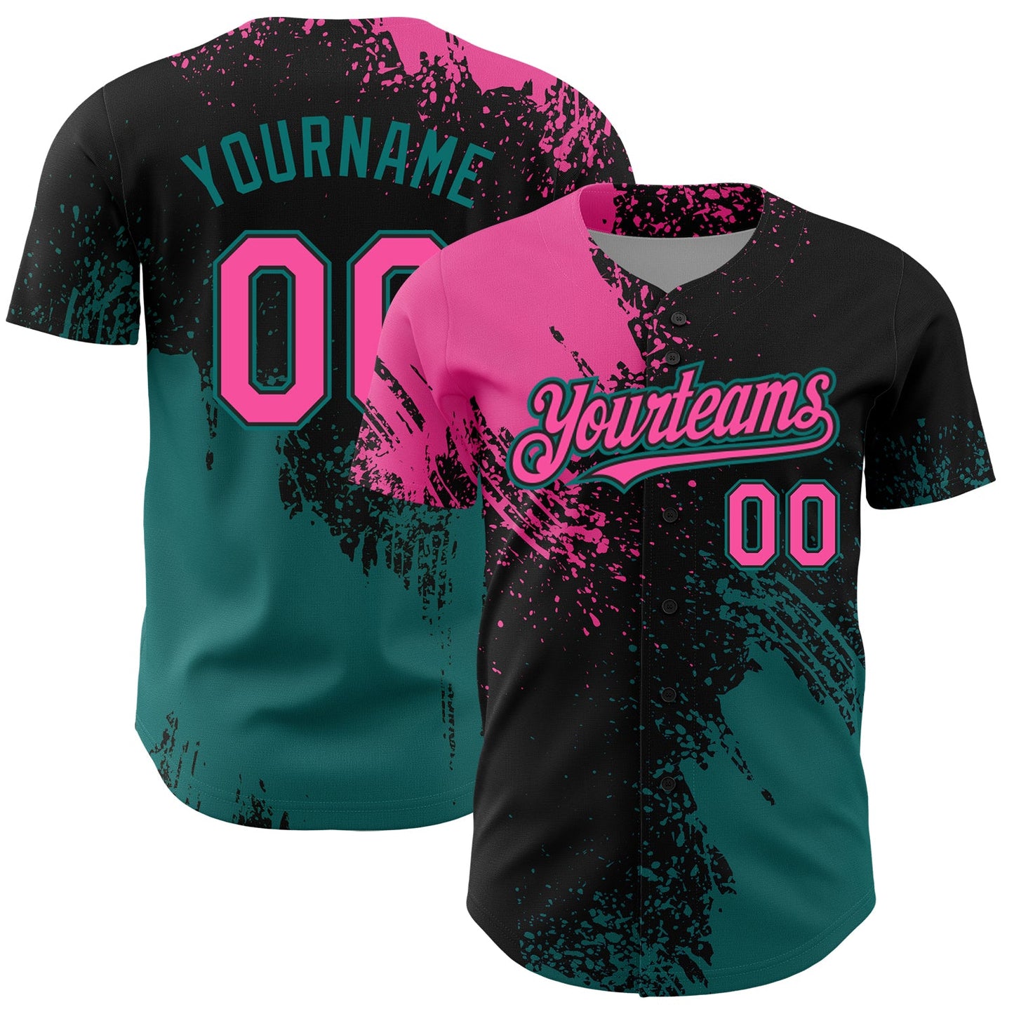 Custom Pink Black-Teal 3D Pattern Design Abstract Brush Stroke Authentic Baseball Jersey - Sky-Custom