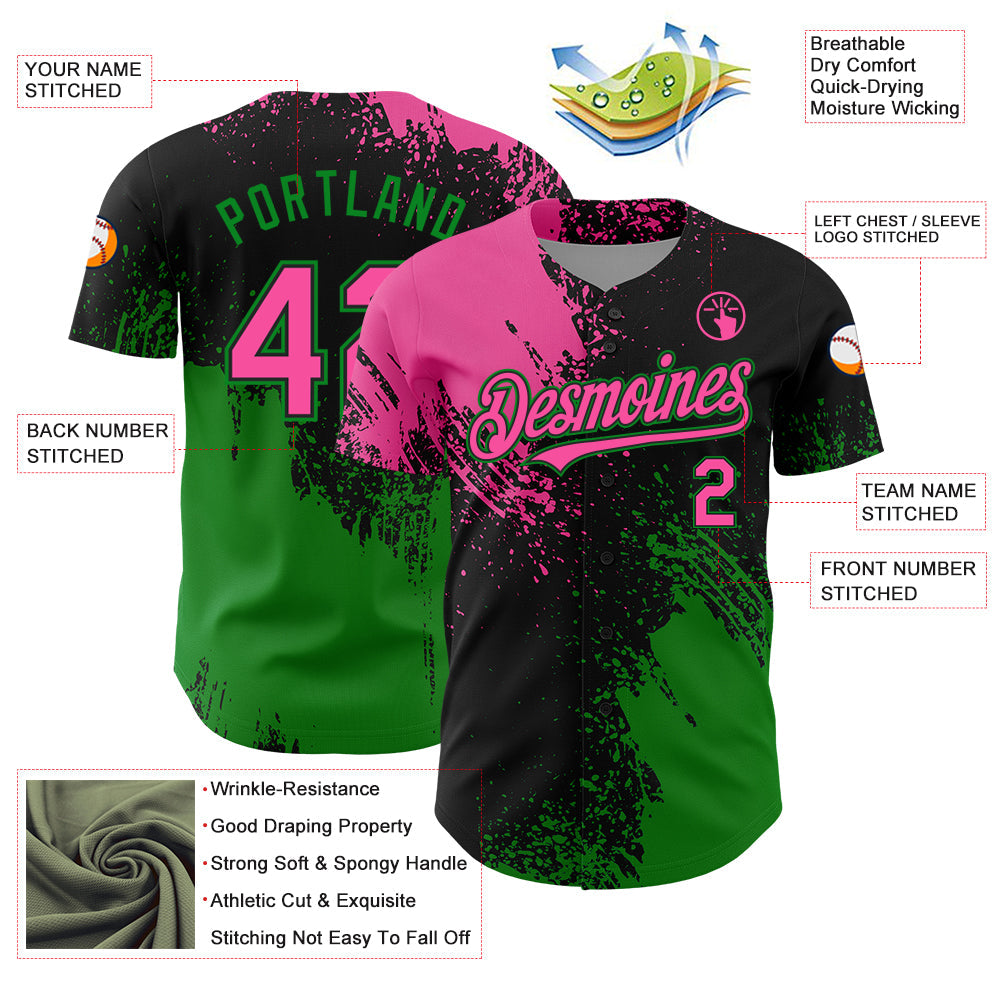 Custom Pink Black-Grass Green 3D Pattern Design Abstract Brush Stroke Authentic Baseball Jersey - Sky-Custom