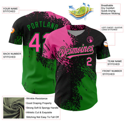Custom Pink Black-Grass Green 3D Pattern Design Abstract Brush Stroke Authentic Baseball Jersey - Sky-Custom