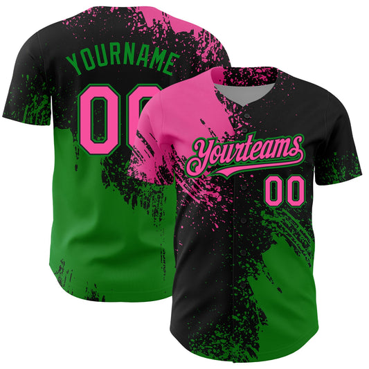 Custom Pink Black-Grass Green 3D Pattern Design Abstract Brush Stroke Authentic Baseball Jersey - Sky-Custom