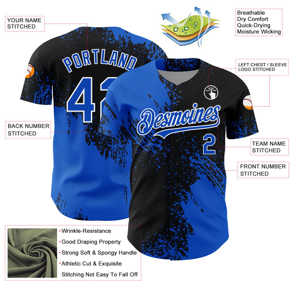 Custom Thunder Blue Black-White 3D Pattern Design Abstract Brush Stroke Authentic Baseball Jersey - Sky-Custom