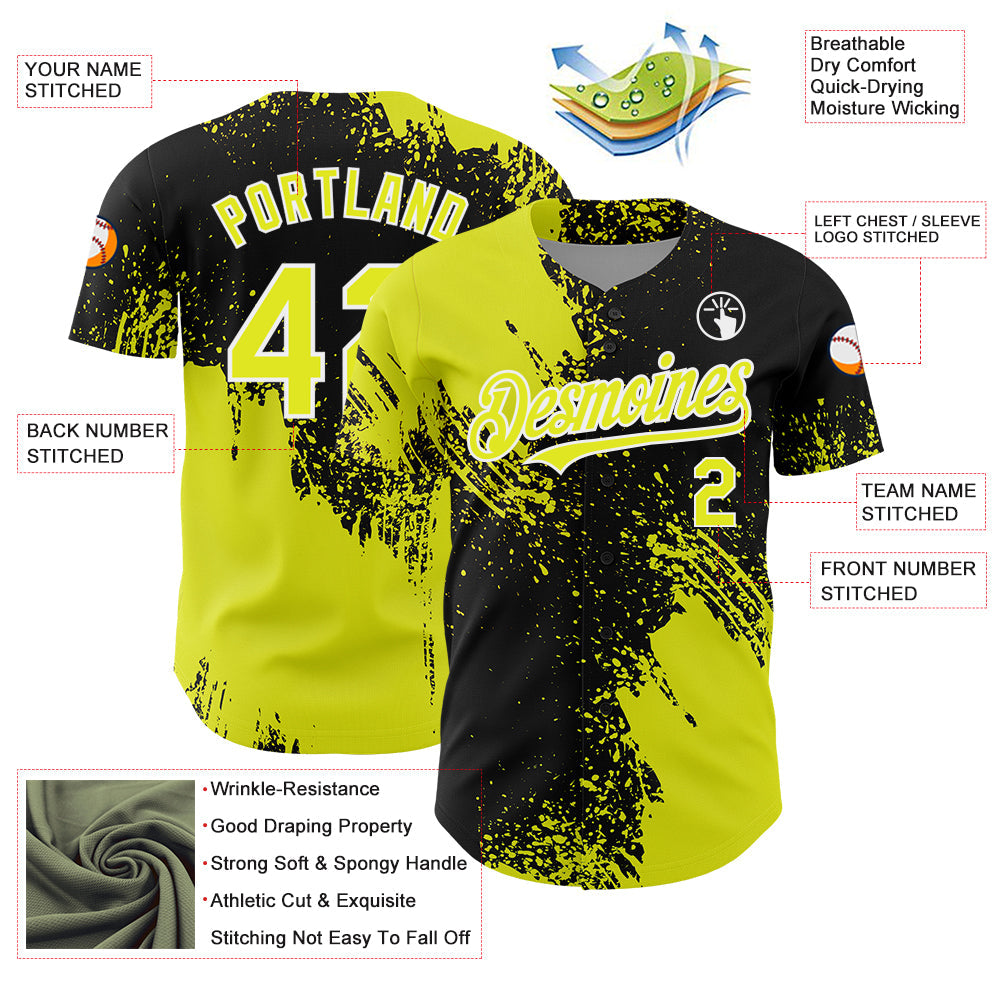 Custom Neon Yellow Black-White 3D Pattern Design Abstract Brush Stroke Authentic Baseball Jersey - Sky-Custom