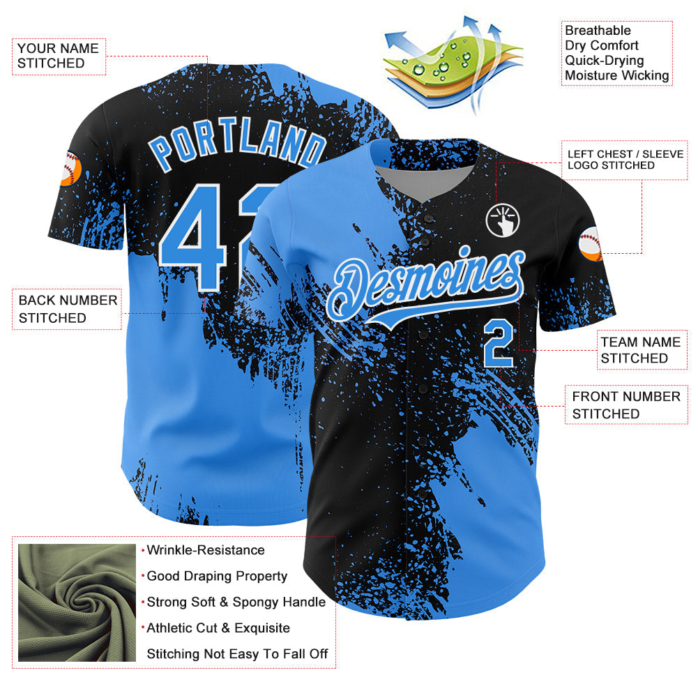 Custom Electric Blue Black-White 3D Pattern Design Abstract Brush Stroke Authentic Baseball Jersey - Sky-Custom