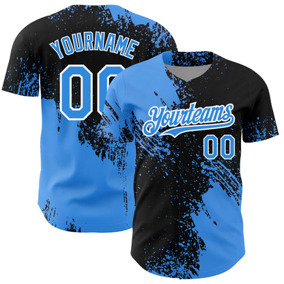 Custom Electric Blue Black-White 3D Pattern Design Abstract Brush Stroke Authentic Baseball Jersey - Sky-Custom