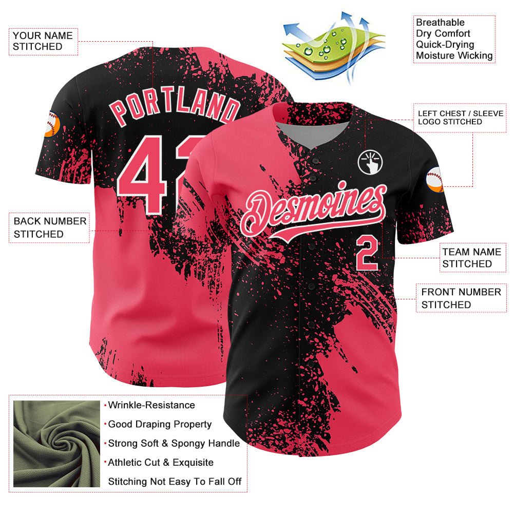 Custom Neon Pink Black-White 3D Pattern Design Abstract Brush Stroke Authentic Baseball Jersey - Sky-Custom