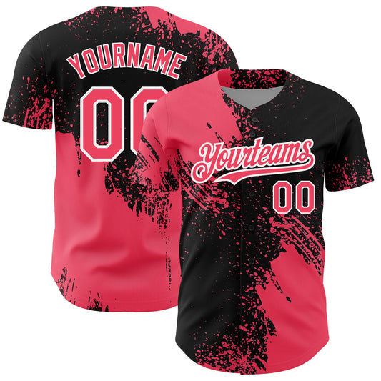 Custom Neon Pink Black-White 3D Pattern Design Abstract Brush Stroke Authentic Baseball Jersey - Sky-Custom