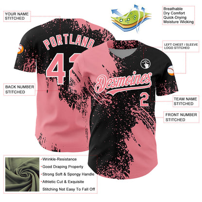 Custom Medium Pink Black-White 3D Pattern Design Abstract Brush Stroke Authentic Baseball Jersey - Sky-Custom
