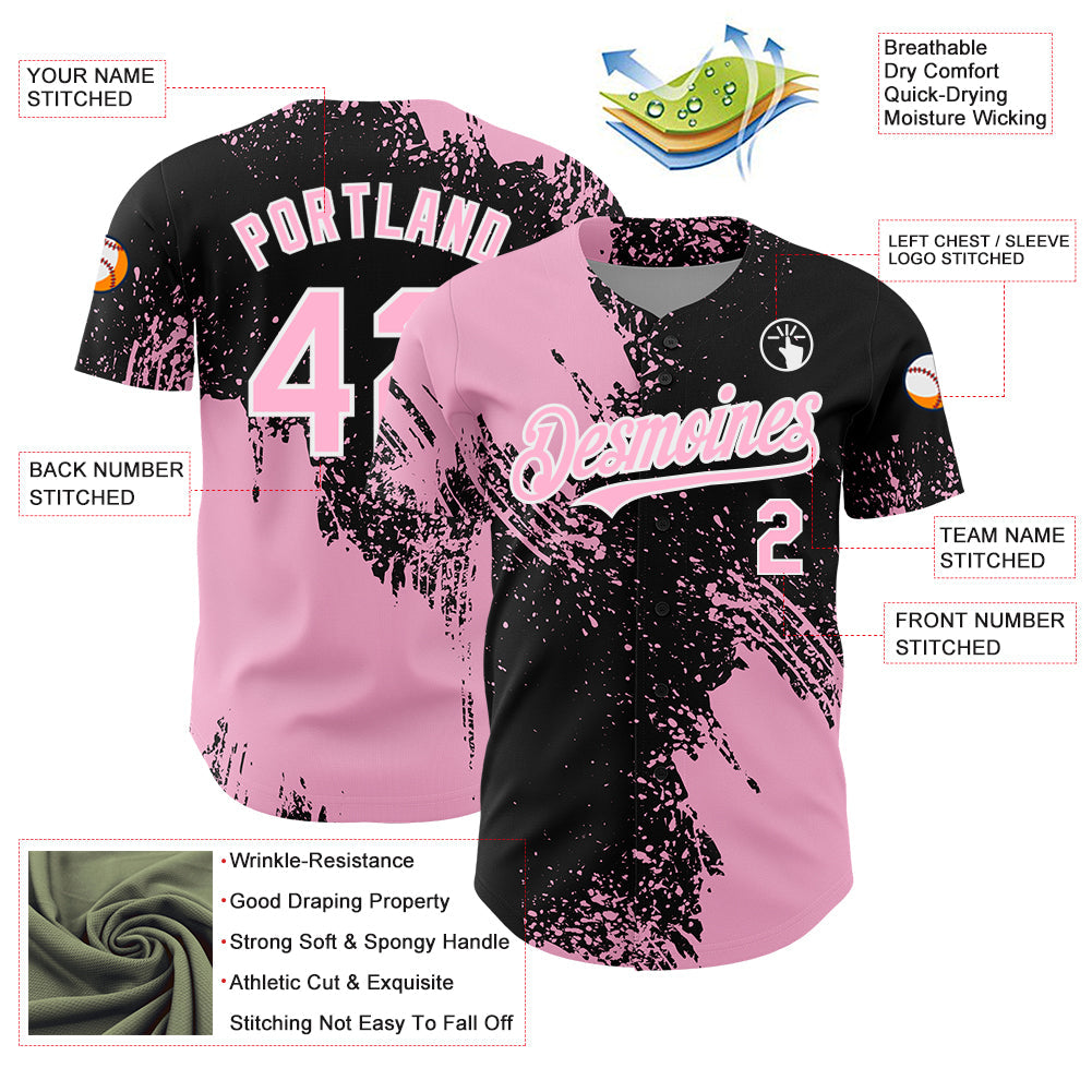Custom Light Pink Black-White 3D Pattern Design Abstract Brush Stroke Authentic Baseball Jersey - Sky-Custom