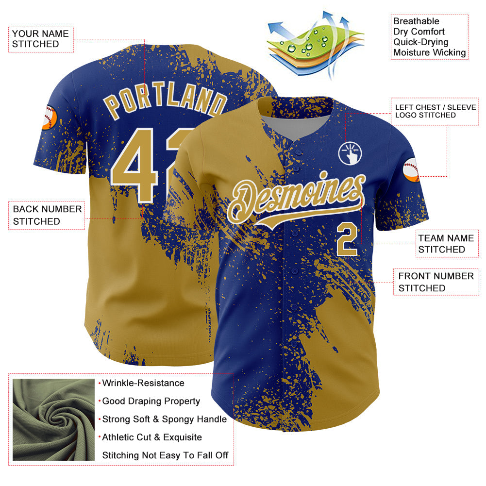 Custom Old Gold Royal-White 3D Pattern Design Abstract Brush Stroke Authentic Baseball Jersey - Sky-Custom