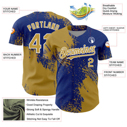 Custom Old Gold Royal-White 3D Pattern Design Abstract Brush Stroke Authentic Baseball Jersey - Sky-Custom