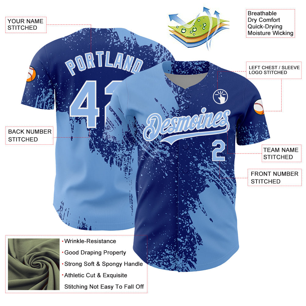 Custom Light Blue Royal-White 3D Pattern Design Abstract Brush Stroke Authentic Baseball Jersey - Sky-Custom