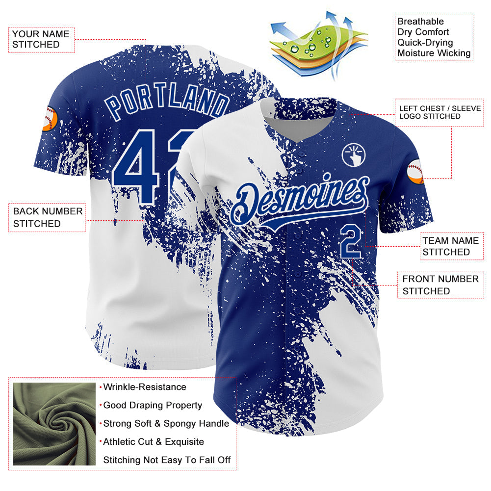 Custom White Royal 3D Pattern Design Abstract Brush Stroke Authentic Baseball Jersey - Sky-Custom