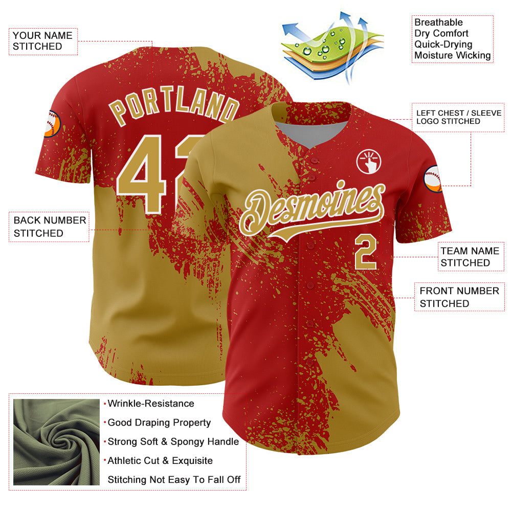 Custom Old Gold Red-White 3D Pattern Design Abstract Brush Stroke Authentic Baseball Jersey - Sky-Custom