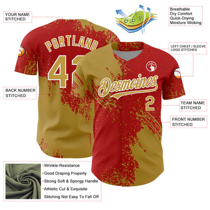 Custom Old Gold Red-White 3D Pattern Design Abstract Brush Stroke Authentic Baseball Jersey - Sky-Custom