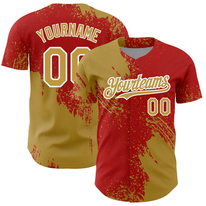 Custom Old Gold Red-White 3D Pattern Design Abstract Brush Stroke Authentic Baseball Jersey - Sky-Custom