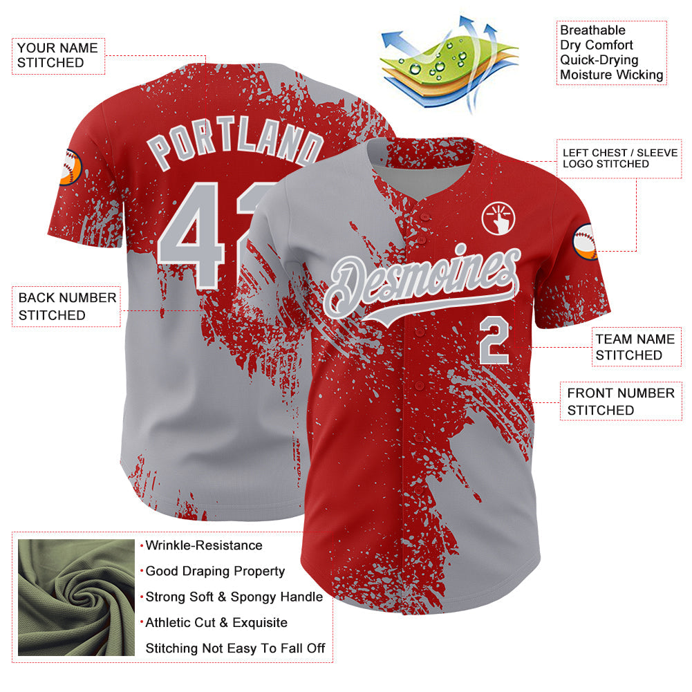 Custom Gray Red-White 3D Pattern Design Abstract Brush Stroke Authentic Baseball Jersey - Sky-Custom