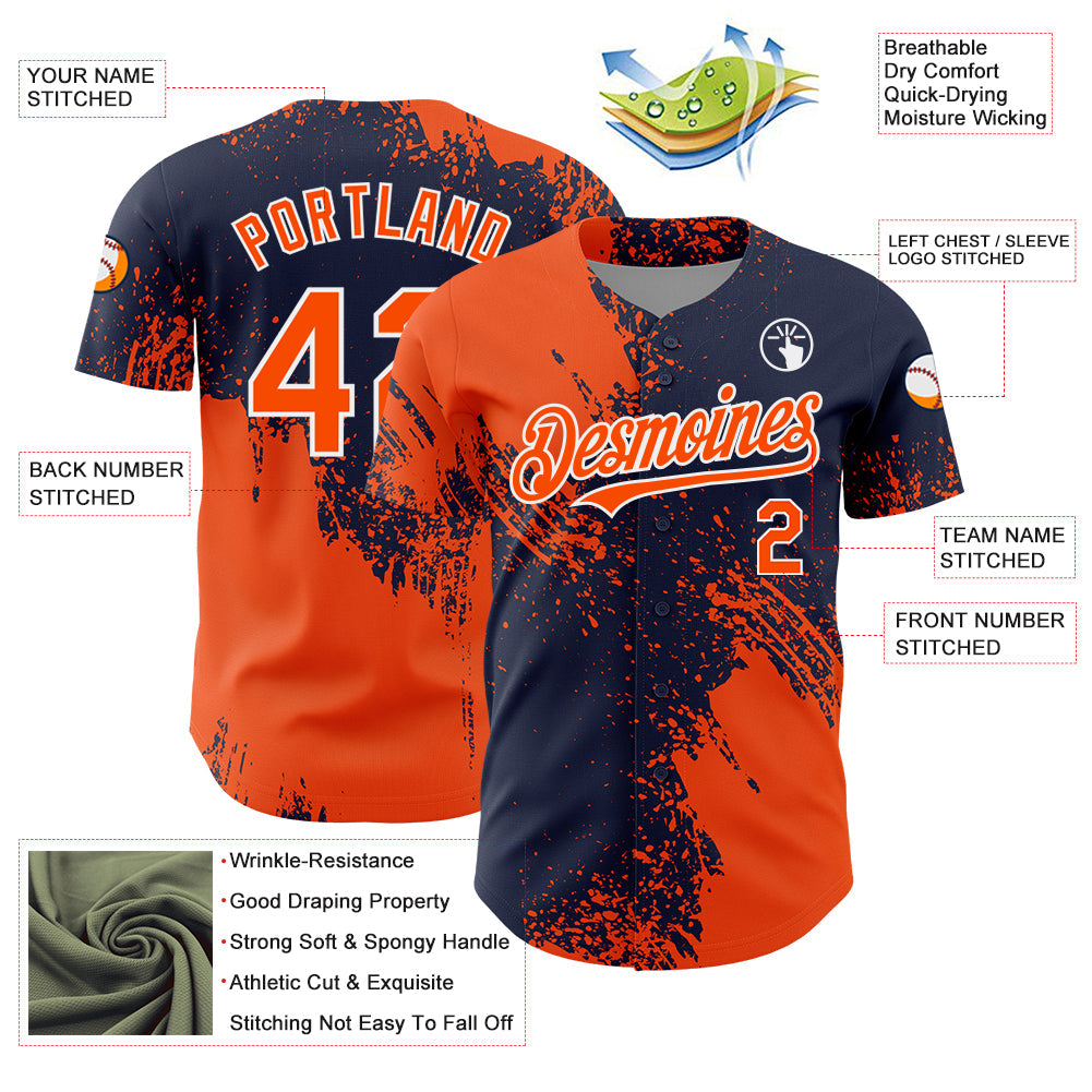 Custom Orange Navy-White 3D Pattern Design Abstract Brush Stroke Authentic Baseball Jersey - Sky-Custom