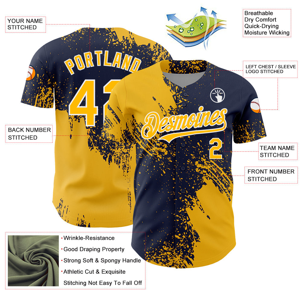 Custom Gold Navy-White 3D Pattern Design Abstract Brush Stroke Authentic Baseball Jersey - Sky-Custom