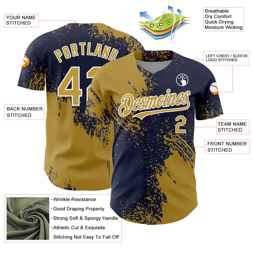 Custom Old Gold Navy-White 3D Pattern Design Abstract Brush Stroke Authentic Baseball Jersey - Sky-Custom
