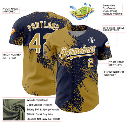 Custom Old Gold Navy-White 3D Pattern Design Abstract Brush Stroke Authentic Baseball Jersey - Sky-Custom
