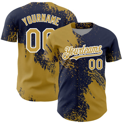 Custom Old Gold Navy-White 3D Pattern Design Abstract Brush Stroke Authentic Baseball Jersey - Sky-Custom
