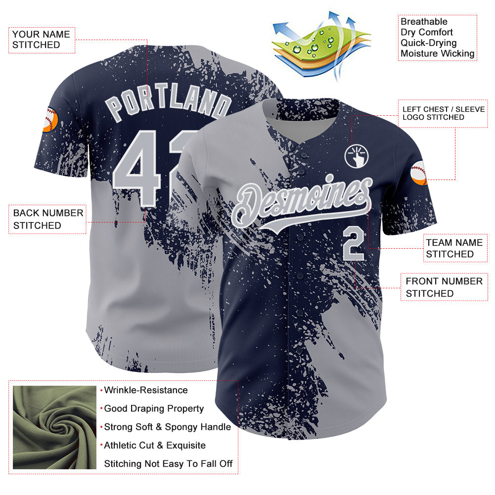 Custom Gray Navy-White 3D Pattern Design Abstract Brush Stroke Authentic Baseball Jersey - Sky-Custom