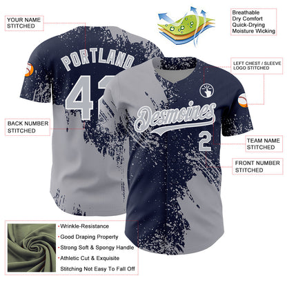 Custom Gray Navy-White 3D Pattern Design Abstract Brush Stroke Authentic Baseball Jersey - Sky-Custom