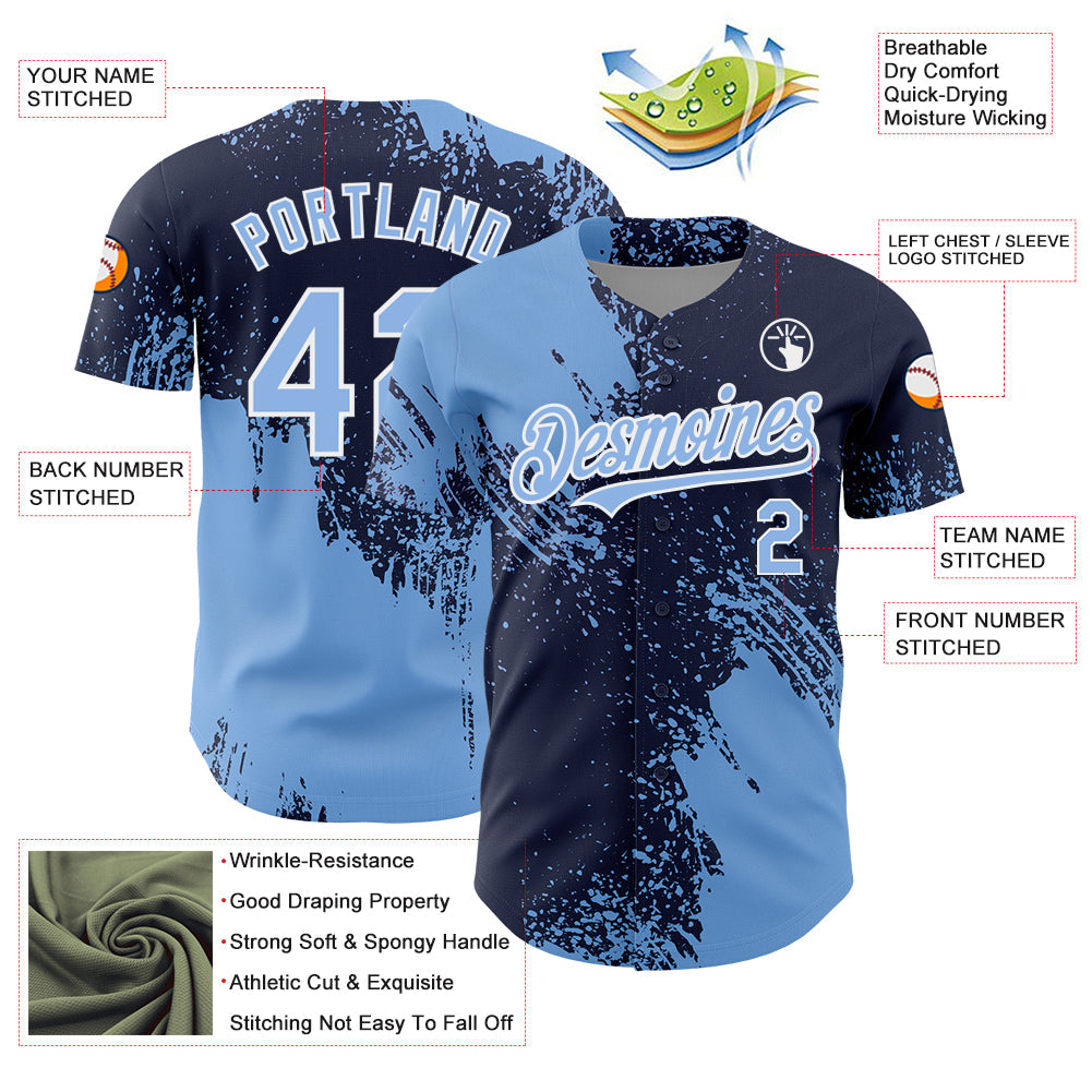Custom Light Blue Navy-White 3D Pattern Design Abstract Brush Stroke Authentic Baseball Jersey - Sky-Custom