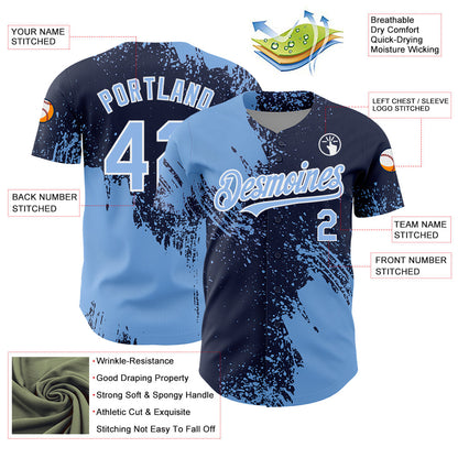 Custom Light Blue Navy-White 3D Pattern Design Abstract Brush Stroke Authentic Baseball Jersey - Sky-Custom