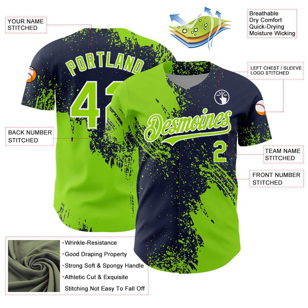 Custom Neon Green Navy-White 3D Pattern Design Abstract Brush Stroke Authentic Baseball Jersey - Sky-Custom
