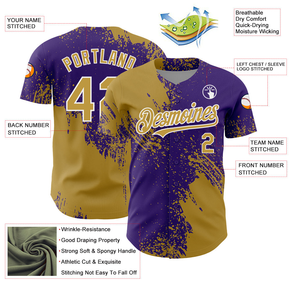 Custom Old Gold Purple-White 3D Pattern Design Abstract Brush Stroke Authentic Baseball Jersey - Sky-Custom