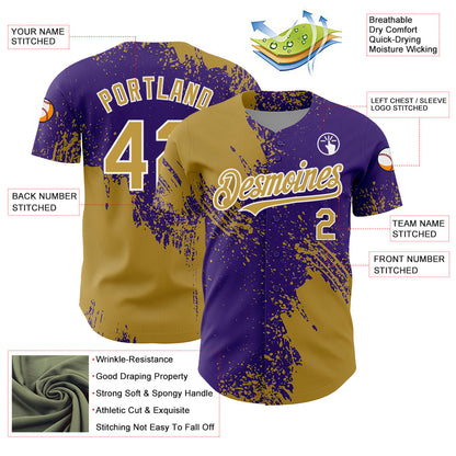 Custom Old Gold Purple-White 3D Pattern Design Abstract Brush Stroke Authentic Baseball Jersey - Sky-Custom