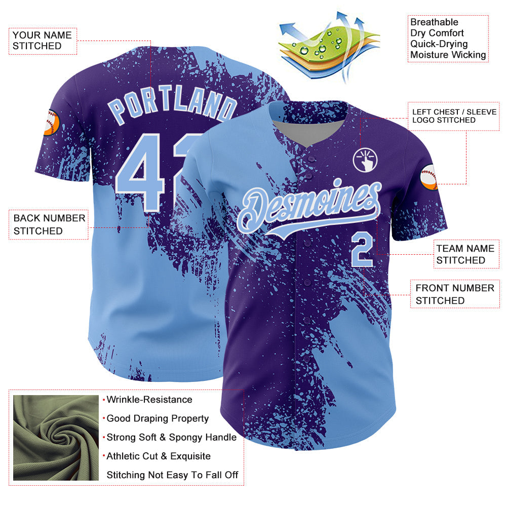 Custom Light Blue Purple-White 3D Pattern Design Abstract Brush Stroke Authentic Baseball Jersey - Sky-Custom